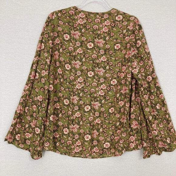 New Jessica Simpson Green Pink Floral V Neck Flare Sleeve Feminine Top Large - Picture 8 of 9